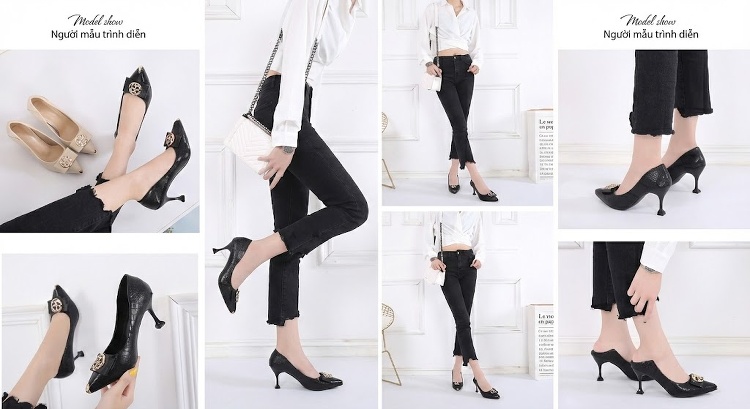 Giày Cao Gót Mũi Nhọn Gót Nhọn Chiều Cao Đế Khoảng 5cm Đính Đá Da Mềm Màu Đen, Kem chi tiết 3