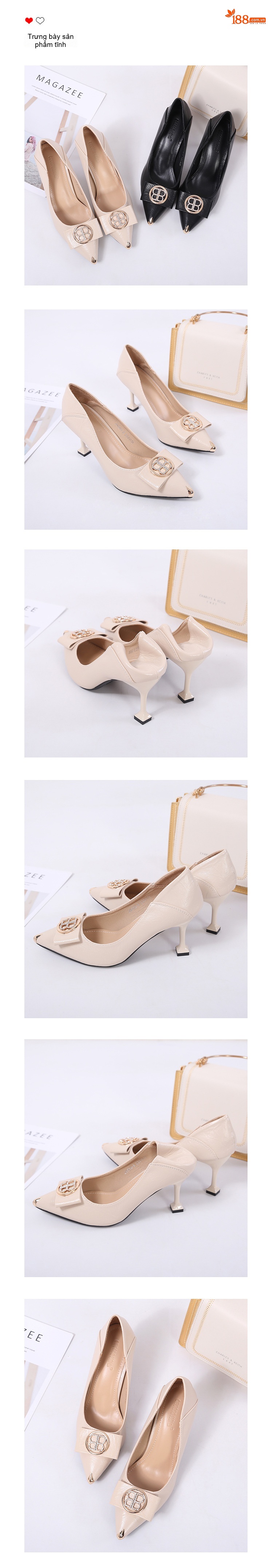 Giày Cao Gót Mũi Nhọn Gót Nhọn Chiều Cao Đế Khoảng 5cm Đính Đá Da Mềm Màu Đen, Kem chi tiết 6