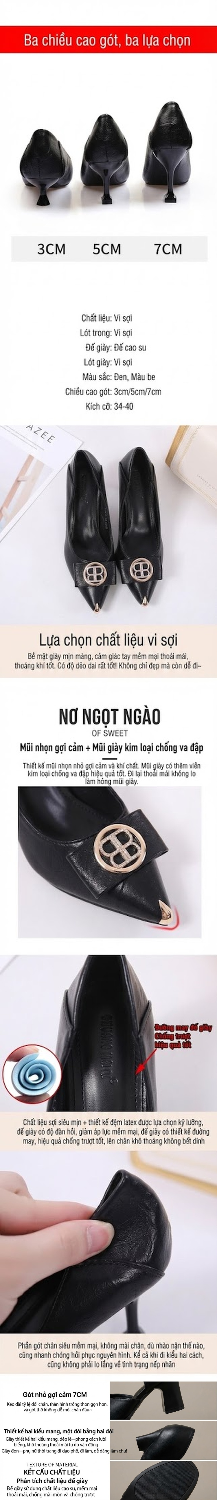 Giày Cao Gót Mũi Nhọn Gót Nhọn Chiều Cao Đế Khoảng 5cm Đính Đá Da Mềm Màu Đen, Kem chi tiết 2