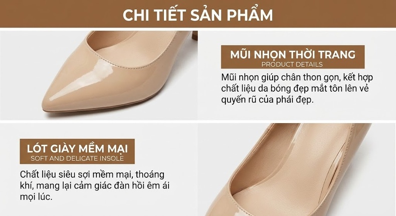 Giày Cao Gót Mũi Nhọn Hở Bên Chiều Cao Đế Khoảng 6cm Màu Kem, Đen, Bạc chi tiết 2