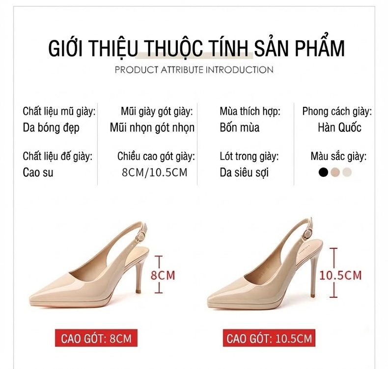 Giày Cao Gót Mũi Nhọn Hở Gót Chiều Cao Đế 8cm Da Bóng Màu Đen, Kem, Trắng chi tiết 1
