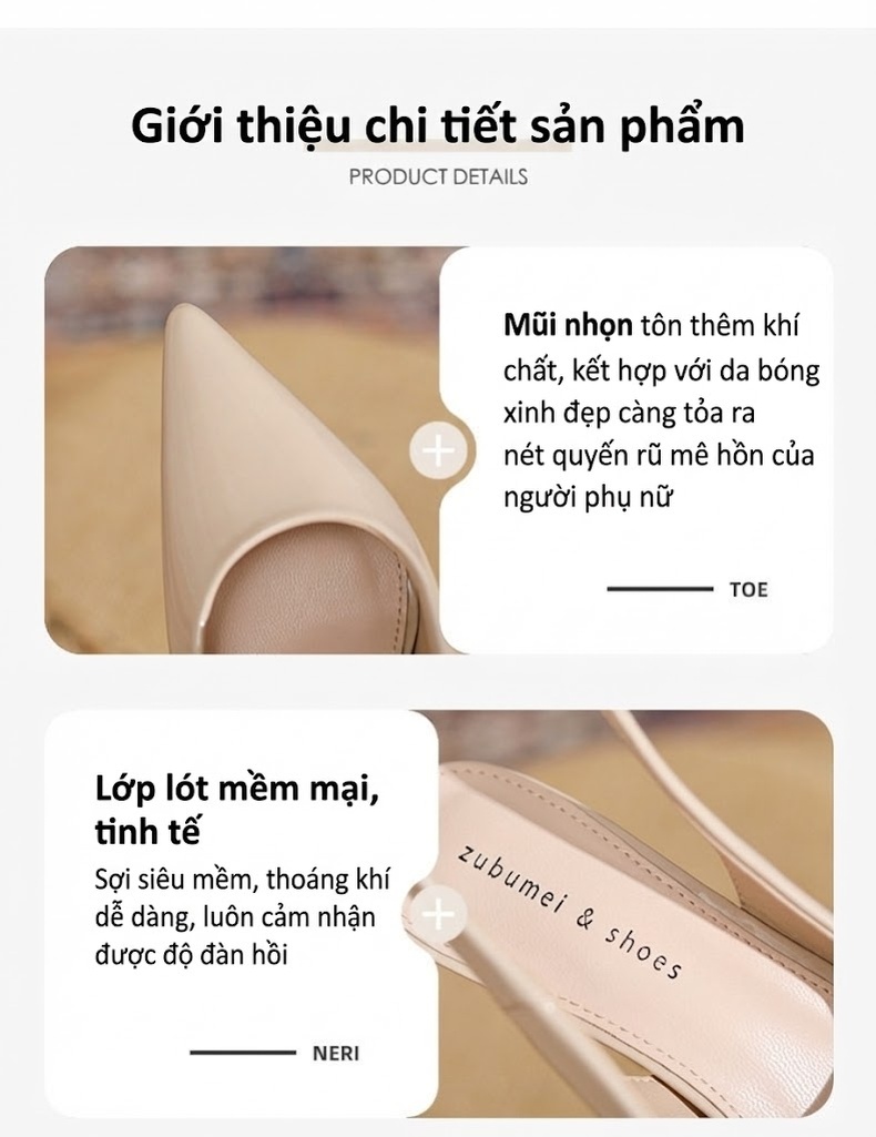 Giày Cao Gót Mũi Nhọn Hở Gót Chiều Cao Đế 8cm Da Bóng Màu Đen, Kem, Trắng chi tiết 3
