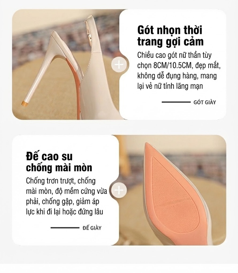 Giày Cao Gót Mũi Nhọn Hở Gót Chiều Cao Đế 8cm Da Bóng Màu Đen, Kem, Trắng chi tiết 4