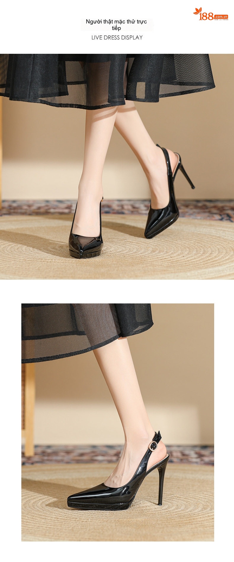 Giày Cao Gót Mũi Nhọn Hở Gót Chiều Cao Đế 8cm Da Bóng Màu Đen, Kem, Trắng chi tiết 5