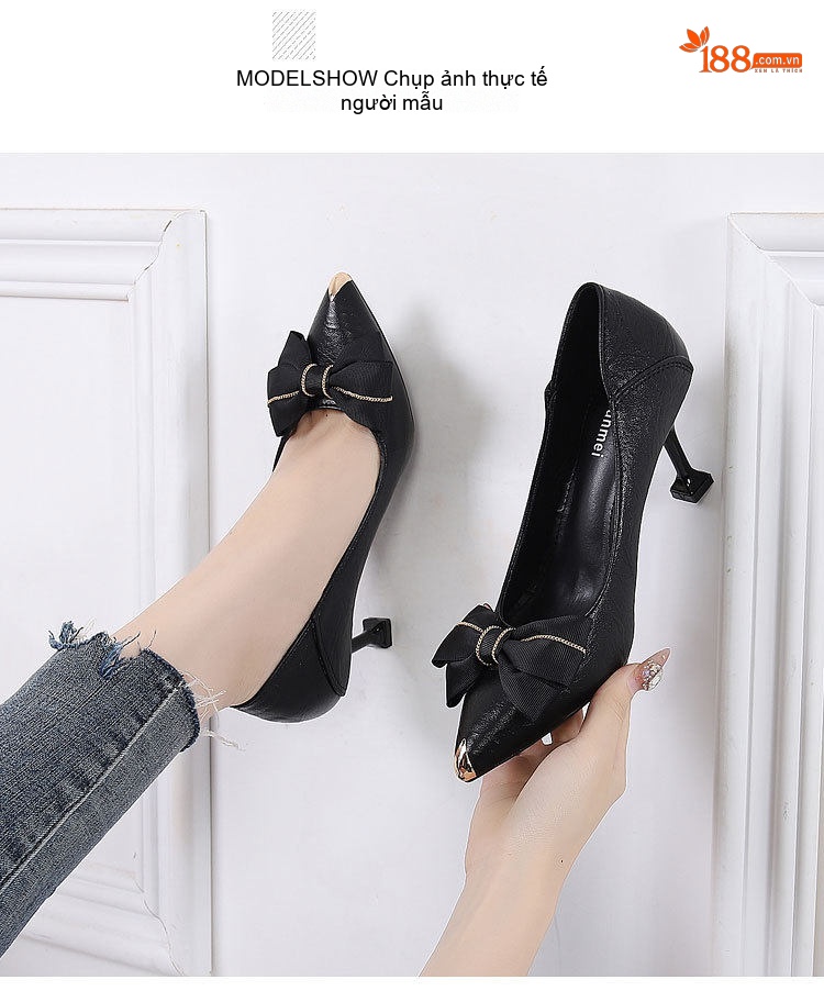 Giày Cao Gót Mũi Nhọn Nơ Lụa Chiều Cao Đế Khoảng 6cm Màu Đen, Kem chi tiết 25