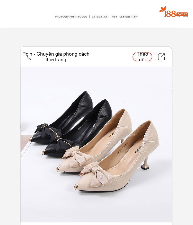 Giày Cao Gót Mũi Nhọn Nơ Lụa Chiều Cao Đế Khoảng 6cm Màu Đen, Kem chi tiết 4