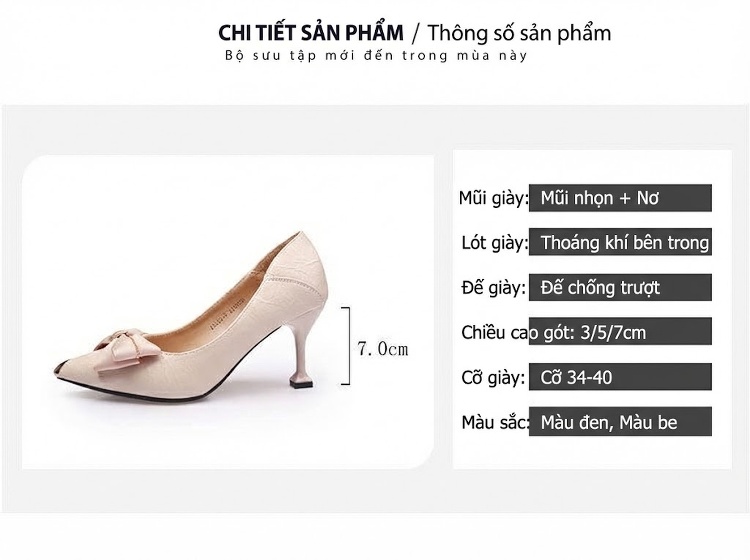 Giày Cao Gót Mũi Nhọn Nơ Lụa Chiều Cao Đế Khoảng 6cm Màu Đen, Kem chi tiết 7