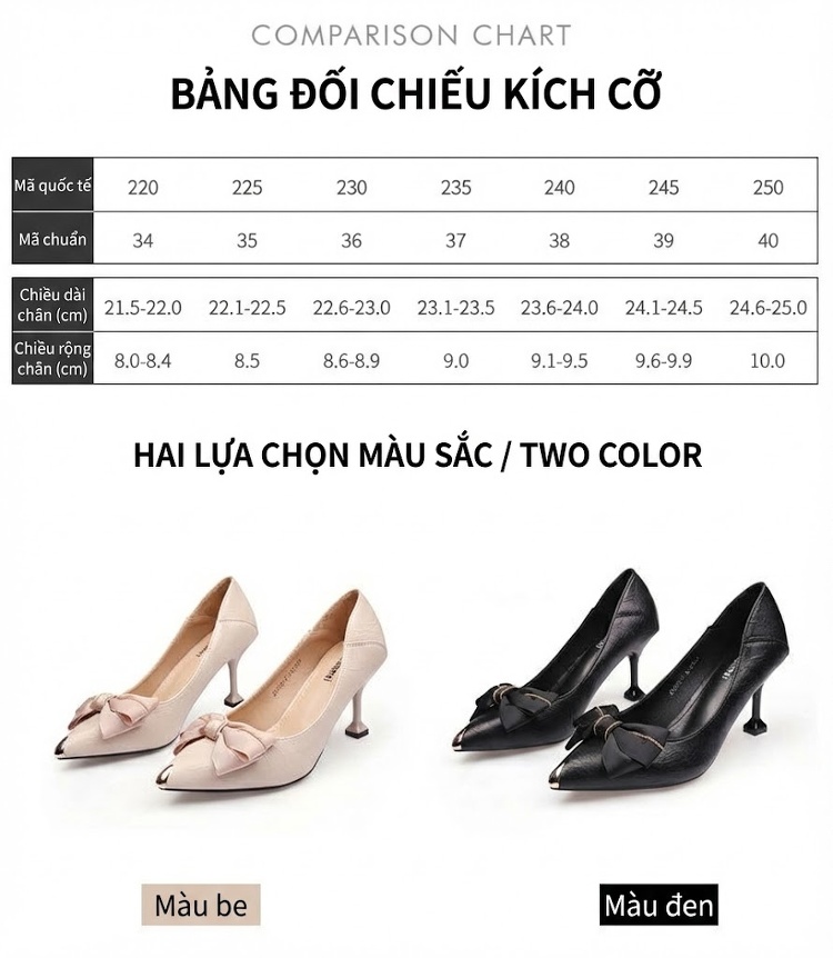 Giày Cao Gót Mũi Nhọn Nơ Lụa Chiều Cao Đế Khoảng 6cm Màu Đen, Kem chi tiết 8