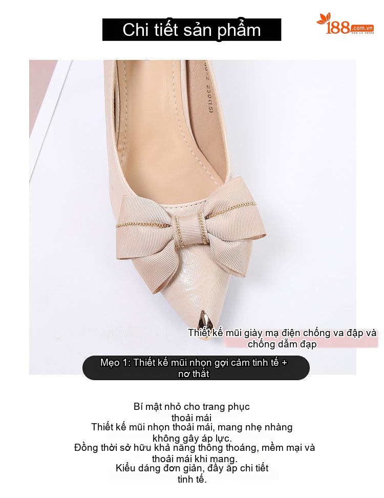 Giày Cao Gót Mũi Nhọn Nơ Lụa Chiều Cao Đế Khoảng 6cm Màu Đen, Kem chi tiết 9