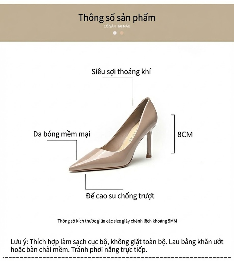 Giày Cao Gót Mũi Nhọn Nữ Da Bóng Chiều Cao Đế 8cm Màu Đen, Kem chi tiết 4