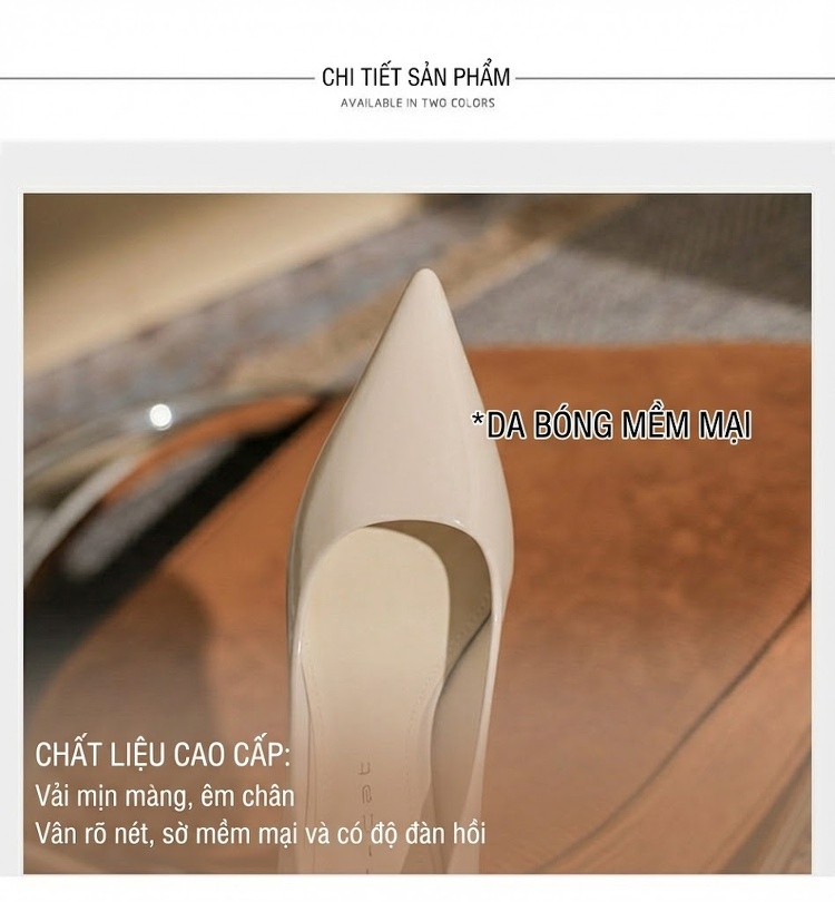 Giày Cao Gót Mũi Nhọn Nữ Da Bóng Chiều Cao Đế 8cm Màu Đen, Kem chi tiết 7