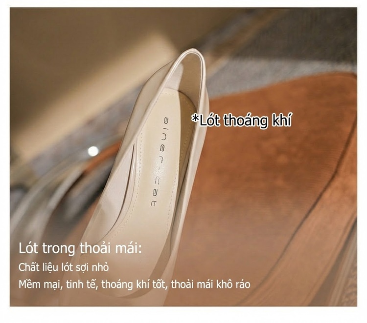 Giày Cao Gót Mũi Nhọn Nữ Da Bóng Chiều Cao Đế 8cm Màu Đen, Kem chi tiết 8