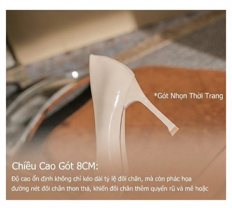 Giày Cao Gót Mũi Nhọn Nữ Da Bóng Chiều Cao Đế 8cm Màu Đen, Kem chi tiết 9