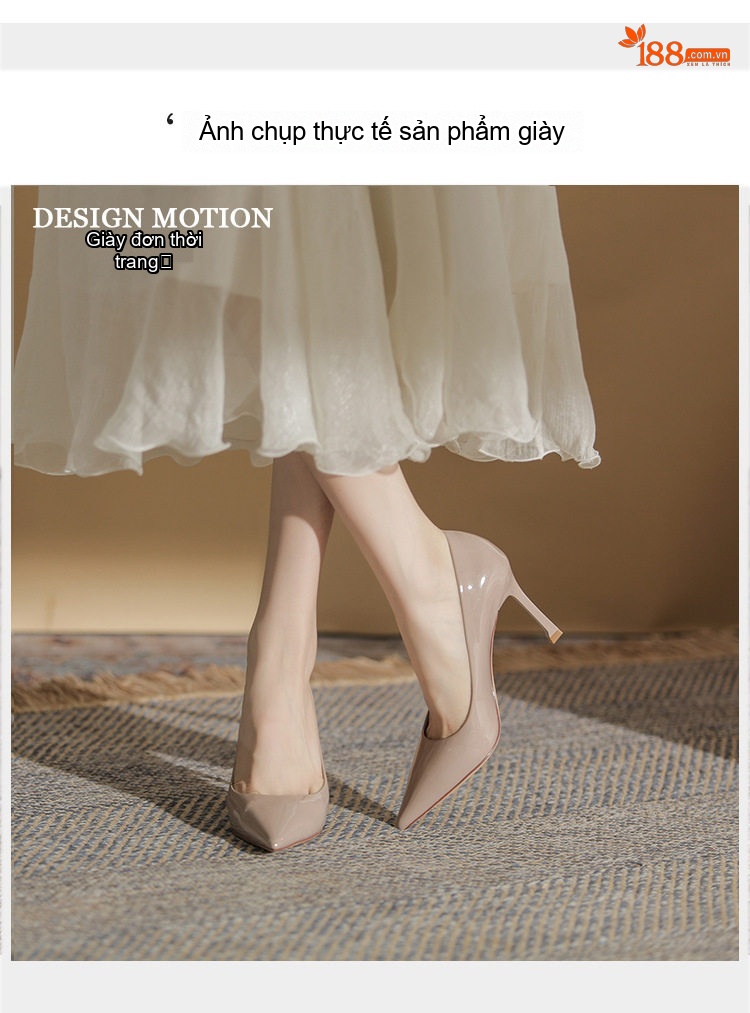 Giày Cao Gót Mũi Nhọn Nữ Da Bóng Chiều Cao Đế 8cm Màu Đen, Kem chi tiết 11