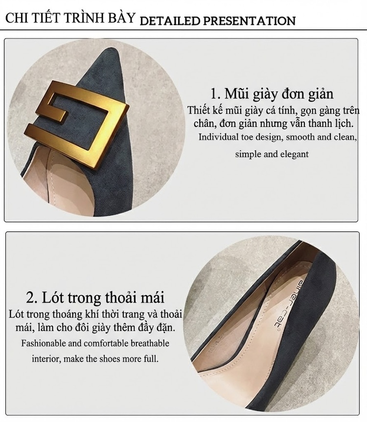 Giày Cao Gót Mũi Nhọn Nữ Da Mờ Khóa Kim Loại Chiều Cao Đế 6cm Màu Đen, Xám Xanh chi tiết 3
