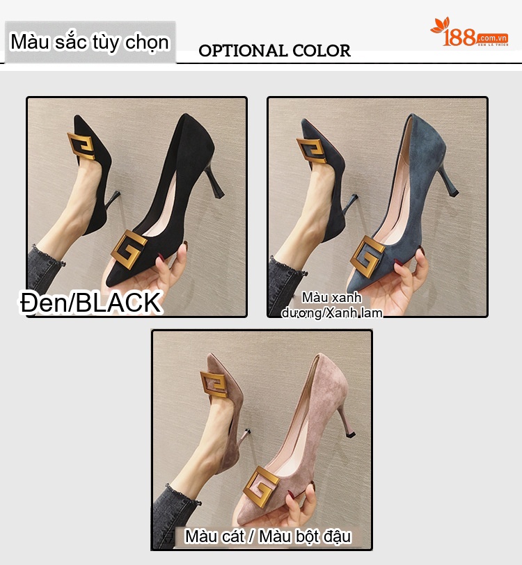 Giày Cao Gót Mũi Nhọn Nữ Da Mờ Khóa Kim Loại Chiều Cao Đế 6cm Màu Đen, Xám Xanh chi tiết 2
