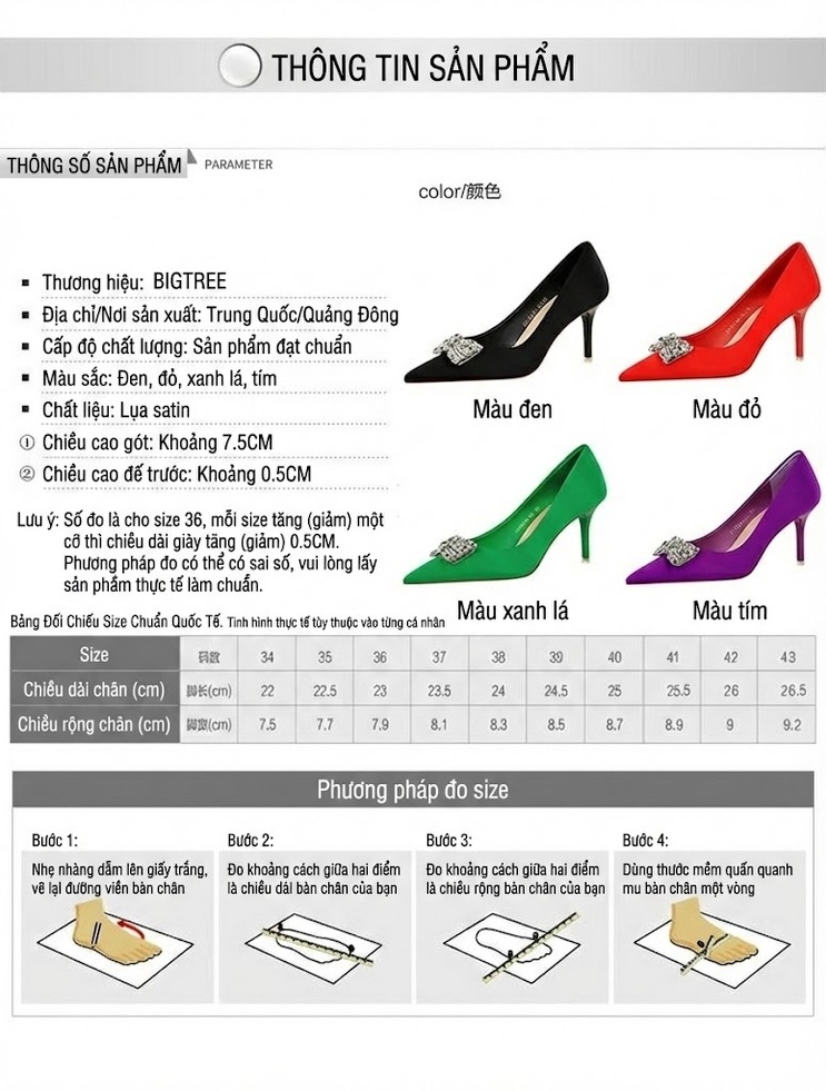 Giày Cao Gót Mũi Nhọn Nữ Đính Đá Nơ Bướm Chiều Cao Đế Khoảng 5cm Màu Đen, Đỏ, Xanh Lá, Tím chi tiết 1