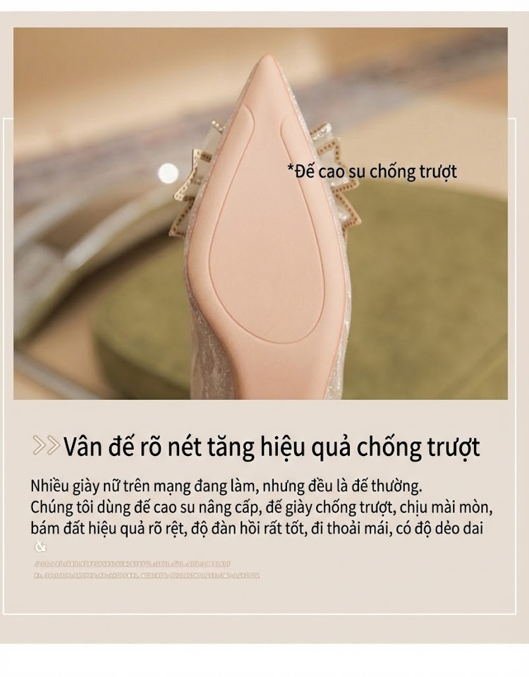 Giày Cao Gót Mũi Nhọn Nữ Quai Nơ Bướm Đính Đá Chiều Cao Đế Khoảng 5cm Màu Bạc chi tiết 10