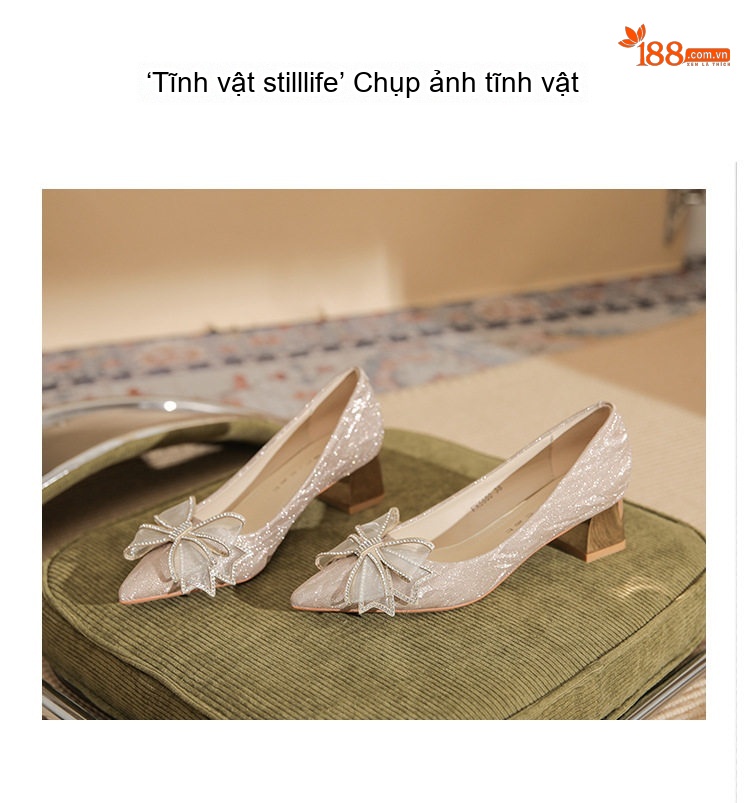 Giày Cao Gót Mũi Nhọn Nữ Quai Nơ Bướm Đính Đá Chiều Cao Đế Khoảng 5cm Màu Bạc chi tiết 24