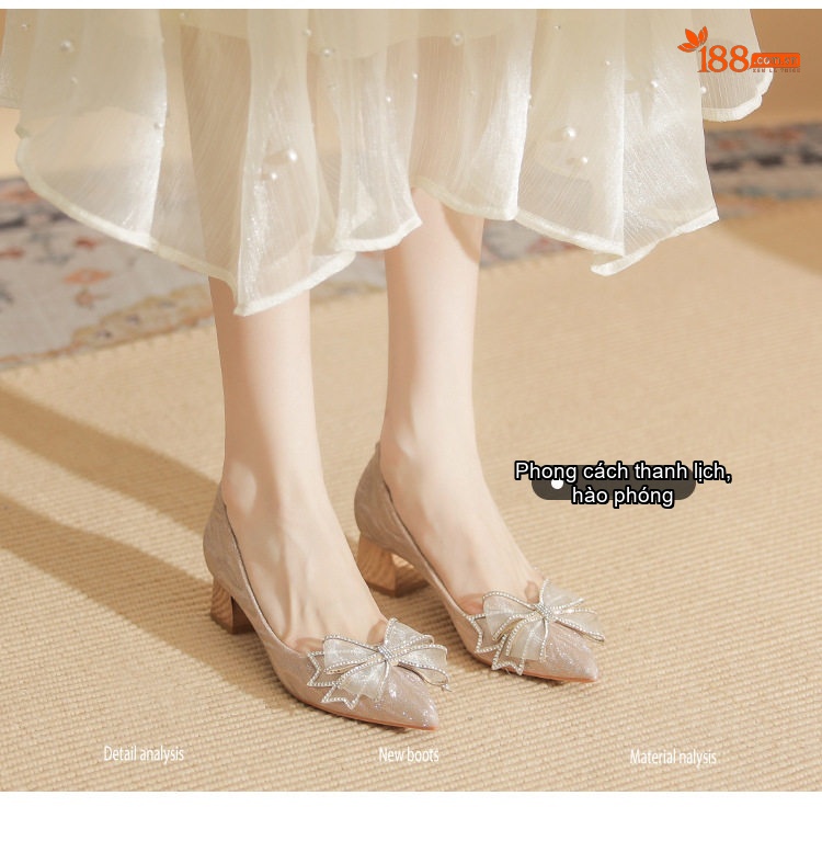 Giày Cao Gót Mũi Nhọn Nữ Quai Nơ Bướm Đính Đá Chiều Cao Đế Khoảng 5cm Màu Bạc chi tiết 5