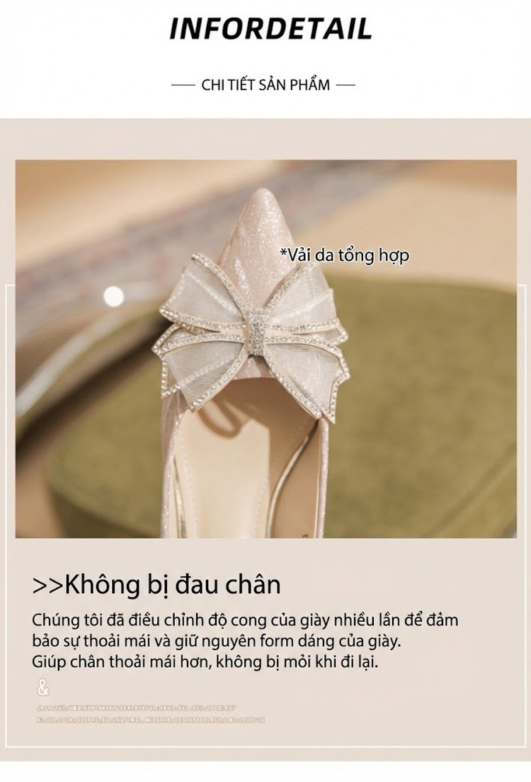 Giày Cao Gót Mũi Nhọn Nữ Quai Nơ Bướm Đính Đá Chiều Cao Đế Khoảng 5cm Màu Bạc chi tiết 7