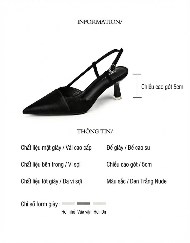 Giày Cao Gót Mũi Nhọn Quai Hậu Chiều Cao Đế Khoảng 5cm Màu Đen, Trắng, Kem chi tiết 2