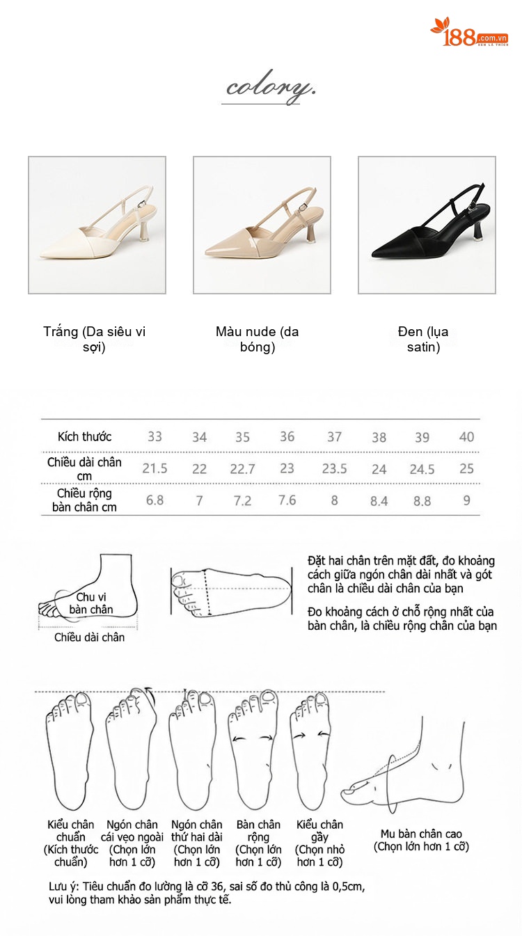 Giày Cao Gót Mũi Nhọn Quai Hậu Chiều Cao Đế Khoảng 5cm Màu Đen, Trắng, Kem chi tiết 4