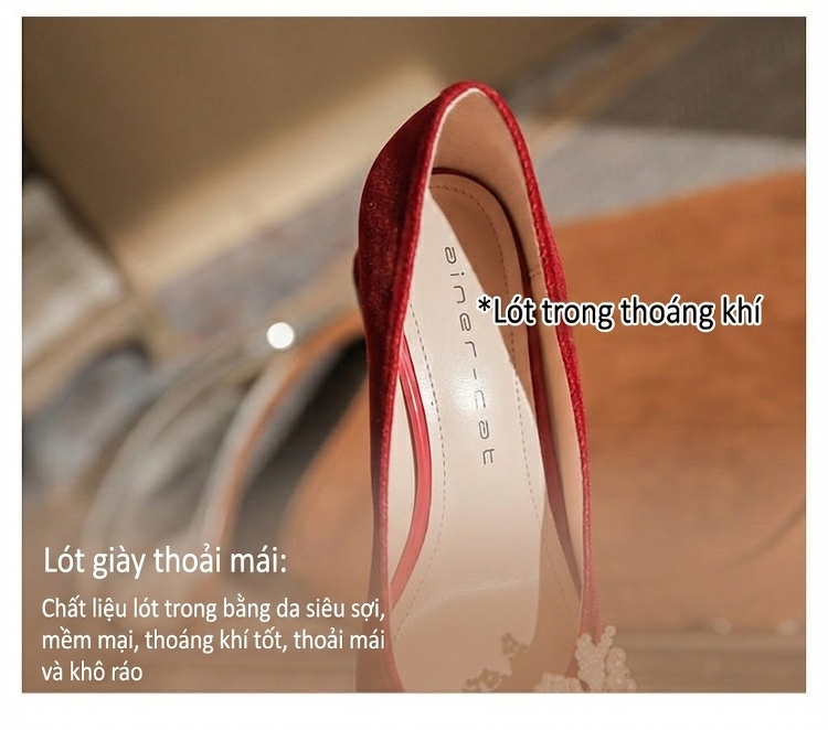 Giày Cao Gót Mũi Nhọn Quai Hậu Đính Hạt Chiều Cao Đế Khoảng 5cm Màu Trắng, Đỏ chi tiết 8