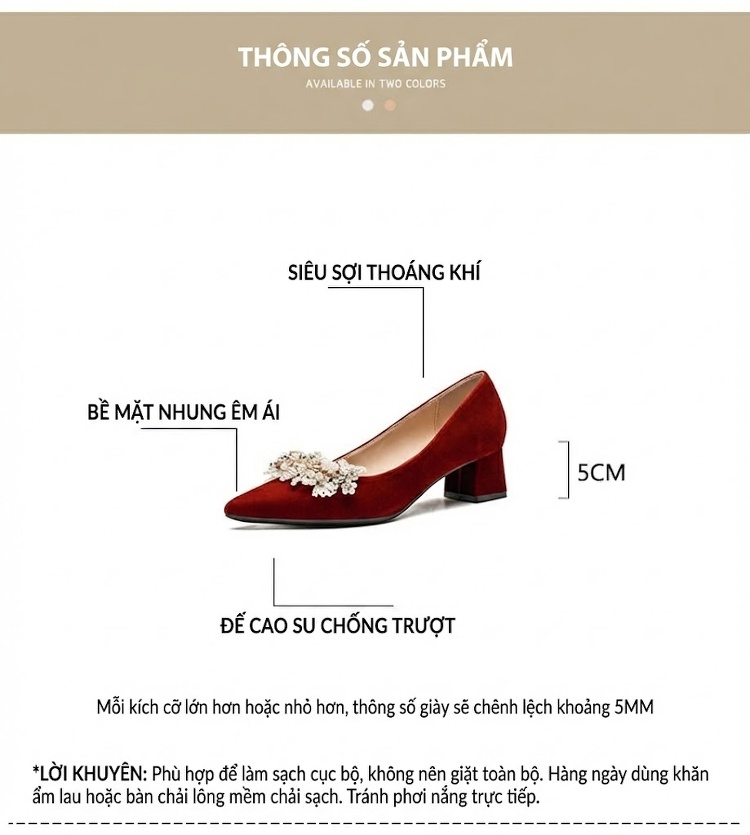 Giày Cao Gót Mũi Nhọn Quai Hậu Đính Hạt Chiều Cao Đế Khoảng 5cm Màu Trắng, Đỏ chi tiết 4