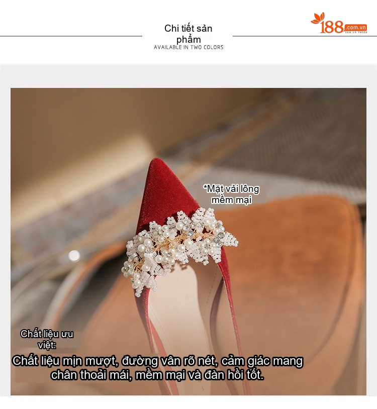Giày Cao Gót Mũi Nhọn Quai Hậu Đính Hạt Chiều Cao Đế Khoảng 5cm Màu Trắng, Đỏ chi tiết 7