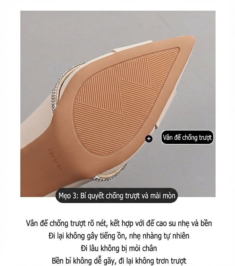 Giày Cao Gót Mũi Nhọn Quai Ngang Bề Mặt Trơn Chiều Cao Đế Khoảng 6cm Màu Đen, Kem chi tiết 9