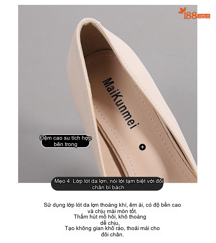 Giày Cao Gót Mũi Nhọn Quai Ngang Bề Mặt Trơn Chiều Cao Đế Khoảng 6cm Màu Đen, Kem chi tiết 10