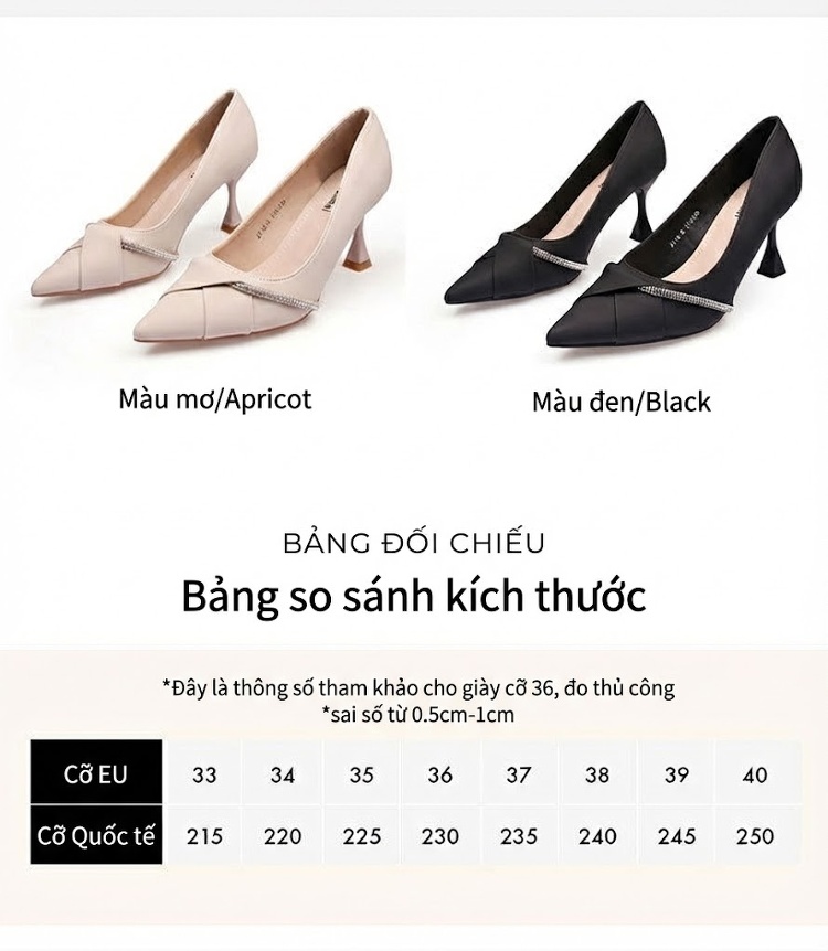 Giày Cao Gót Mũi Nhọn Quai Ngang Bề Mặt Trơn Chiều Cao Đế Khoảng 6cm Màu Đen, Kem chi tiết 6