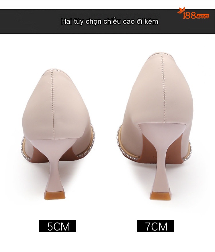 Giày Cao Gót Mũi Nhọn Quai Ngang Bề Mặt Trơn Chiều Cao Đế Khoảng 6cm Màu Đen, Kem chi tiết 7
