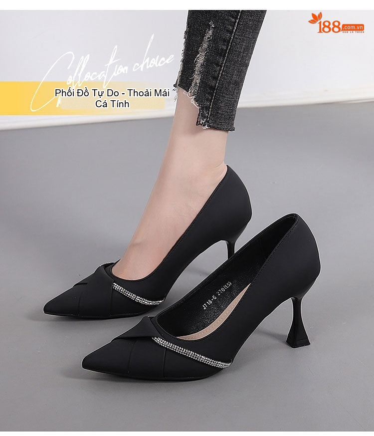 Giày Cao Gót Mũi Nhọn Quai Ngang Bề Mặt Trơn Chiều Cao Đế Khoảng 6cm Màu Đen, Kem chi tiết 3