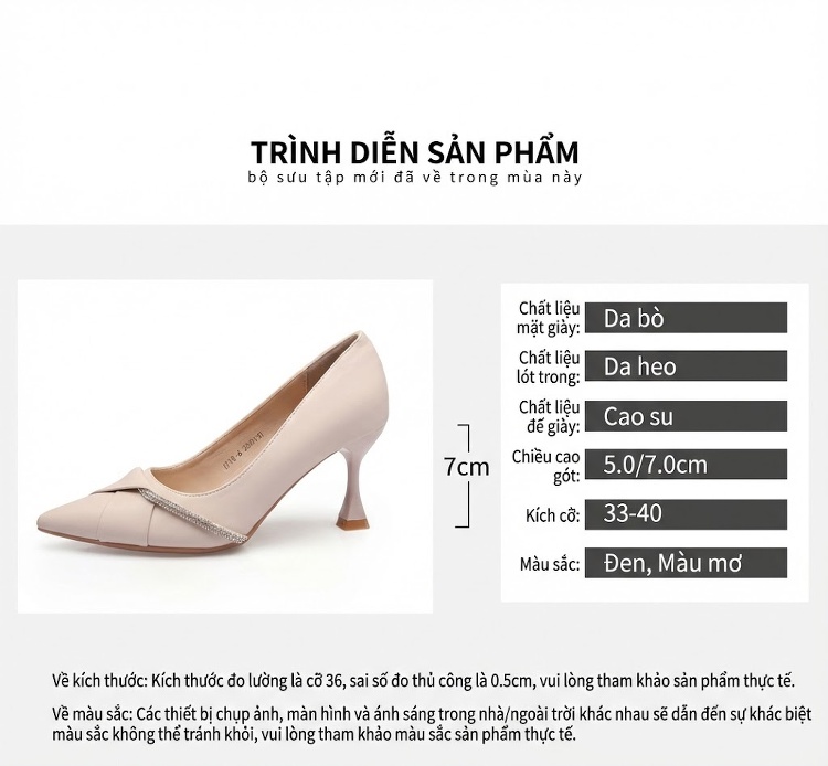 Giày Cao Gót Mũi Nhọn Quai Ngang Bề Mặt Trơn Chiều Cao Đế Khoảng 6cm Màu Đen, Kem chi tiết 5