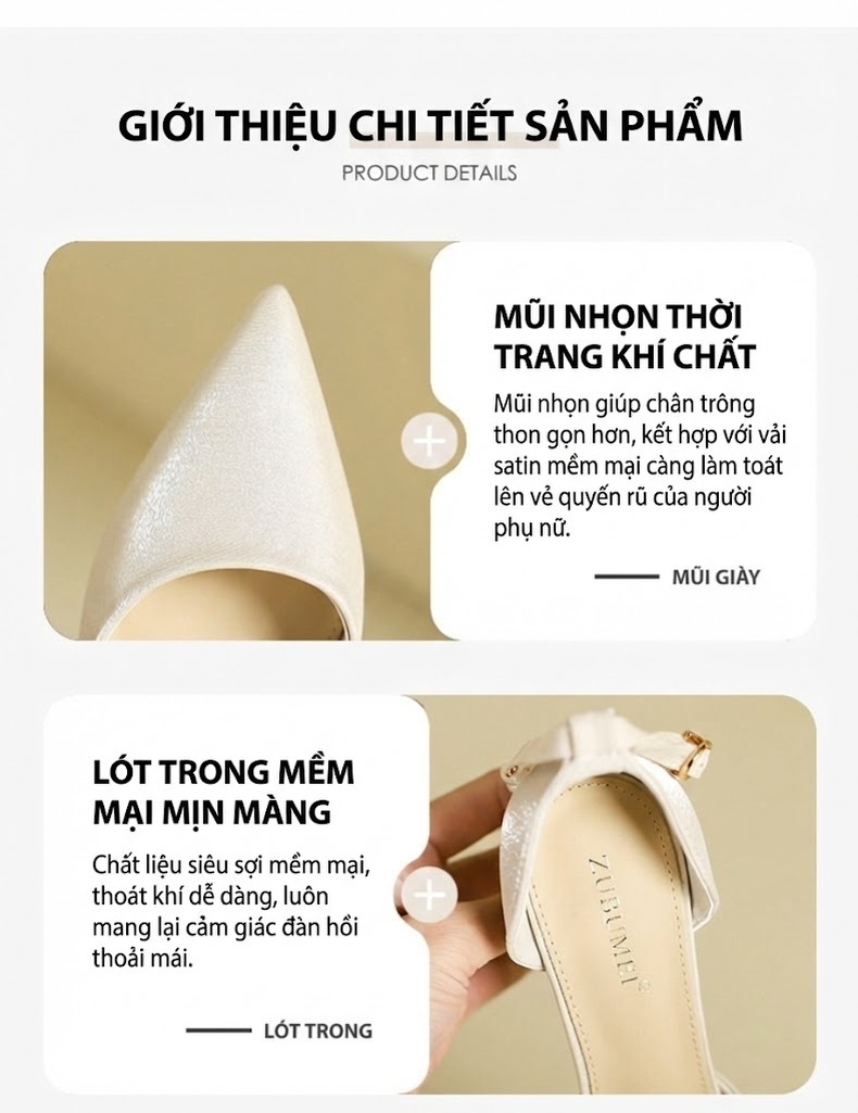 Giày Cao Gót Mũi Nhọn Quai Ngang Bít Mũi Đính Ngọc Trai Chiều Cao Đế Khoảng 8cm Màu Đỏ, Trắng chi tiết 3