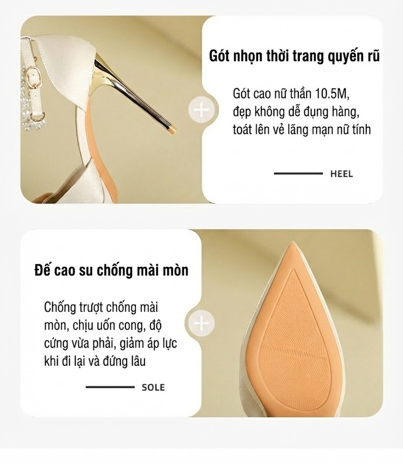 Giày Cao Gót Mũi Nhọn Quai Ngang Bít Mũi Đính Ngọc Trai Chiều Cao Đế Khoảng 8cm Màu Đỏ, Trắng chi tiết 4