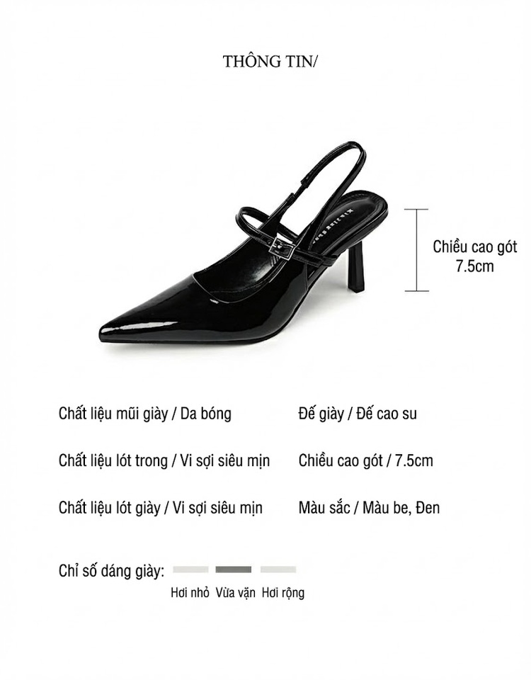 Giày Cao Gót Mũi Nhọn Quai Ngang Da Bóng Chiều Cao Đế Khoảng 6cm Màu Đen, Kem chi tiết 2
