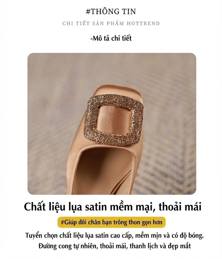Giày Cao Gót Mũi Vuông Quai Khóa Đính Đá Chiều Cao Đế Khoảng 5cm Chất Liệu Lụa Satin Màu Đen, Nâu chi tiết 3