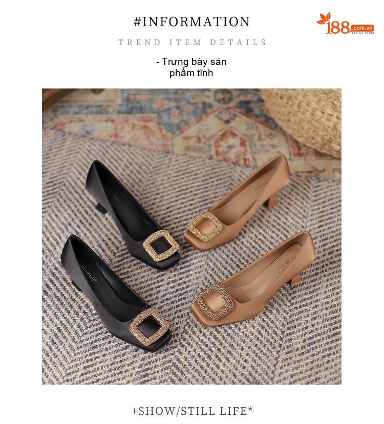 Giày Cao Gót Mũi Vuông Quai Khóa Đính Đá Chiều Cao Đế Khoảng 5cm Chất Liệu Lụa Satin Màu Đen, Nâu chi tiết 13