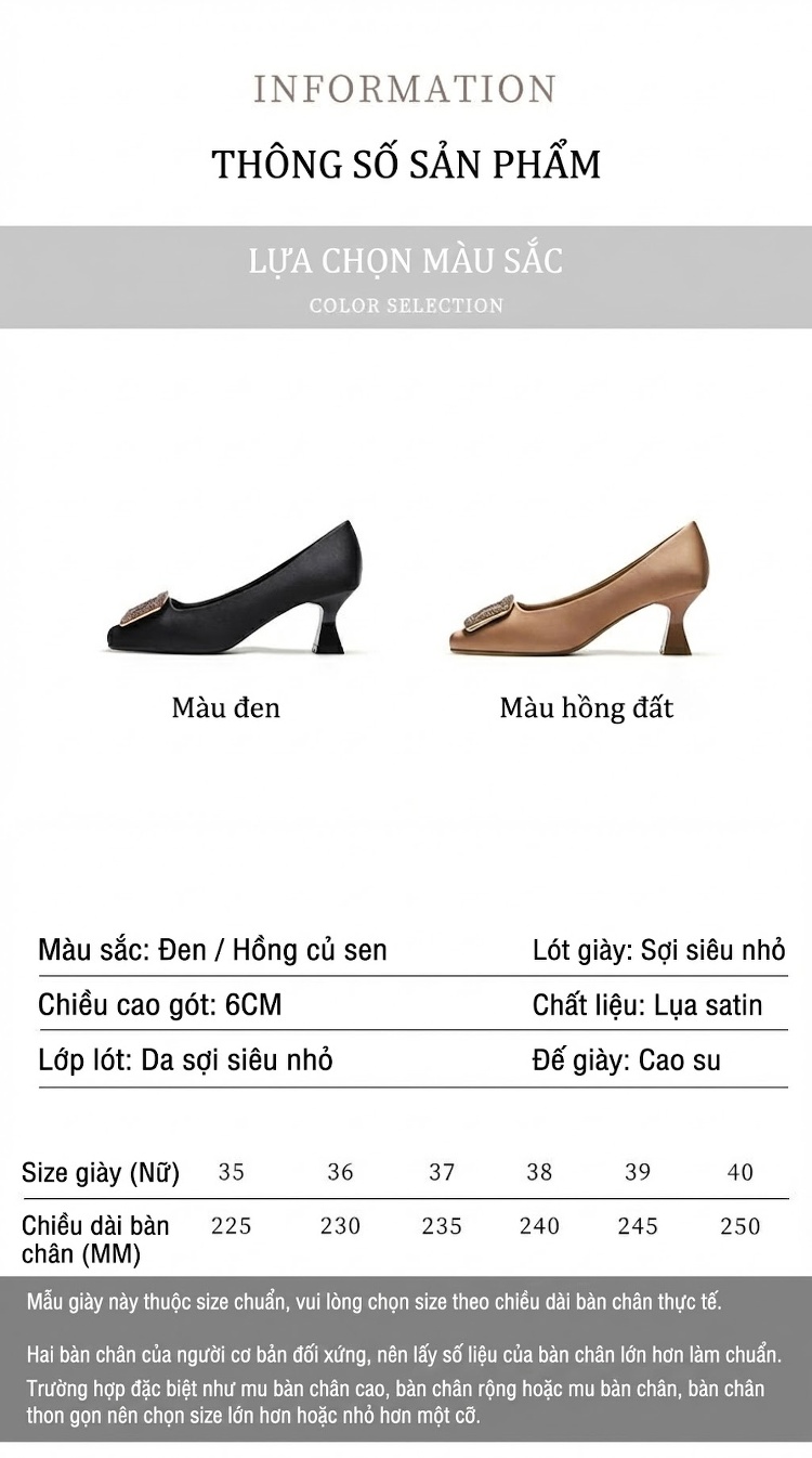 Giày Cao Gót Mũi Vuông Quai Khóa Đính Đá Chiều Cao Đế Khoảng 5cm Chất Liệu Lụa Satin Màu Đen, Nâu chi tiết 2
