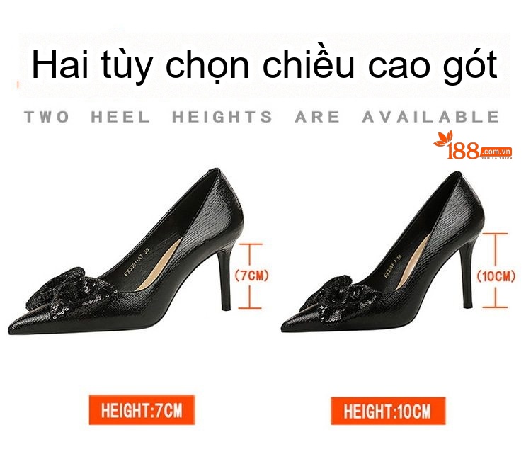 Giày Cao Gót Nữ Bề Mặt Họa Tiết Chiều Cao Đế Khoảng 7cm Mũi Nhọn Đính Nơ Màu Đen, Bạc chi tiết 2