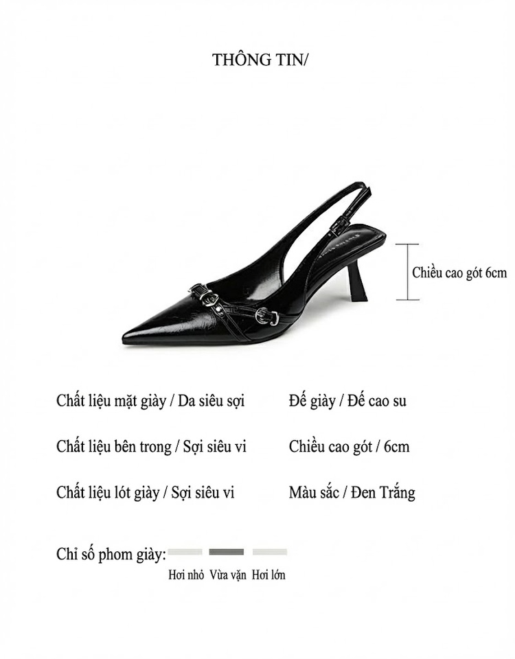 Giày Cao Gót Nữ Bít Mũi Da Bóng Chiều Cao Đế Khoảng 6cm Màu Đen, Trắng chi tiết 2