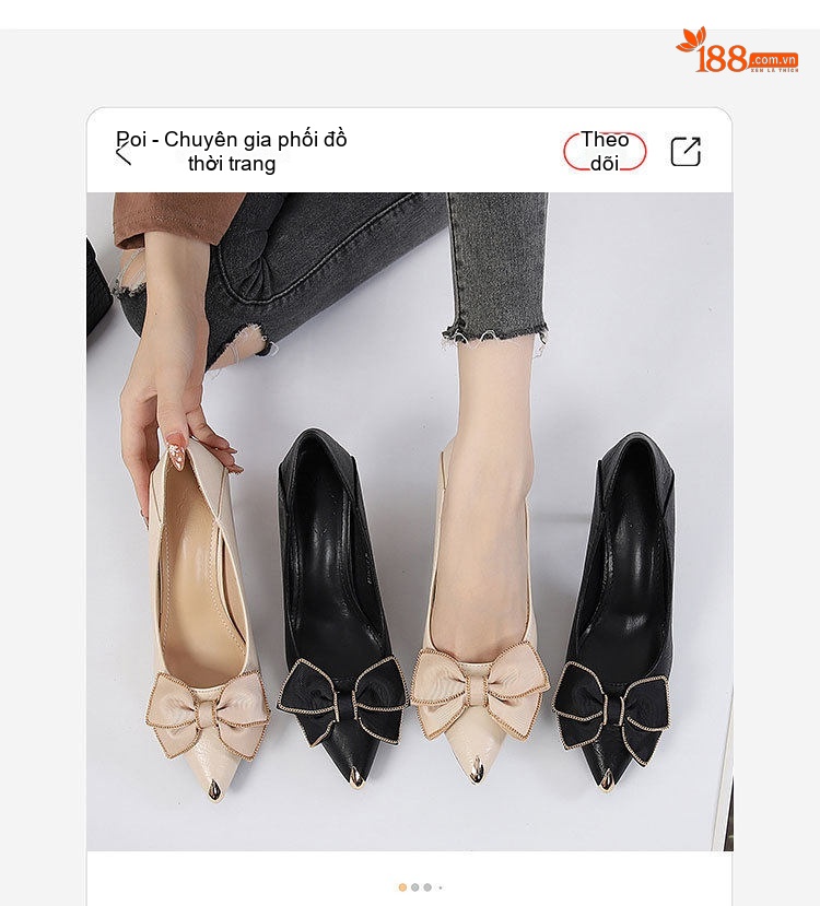 Giày Cao Gót Nữ Bít Mũi Da Bóng Chiều Cao Đế Khoảng 6cm Thiết Kế Hoa Lụa Màu Đen, Kem chi tiết 5