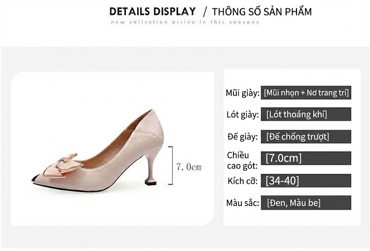 Giày Cao Gót Nữ Bít Mũi Da Bóng Chiều Cao Đế Khoảng 6cm Thiết Kế Hoa Lụa Màu Đen, Kem chi tiết 8