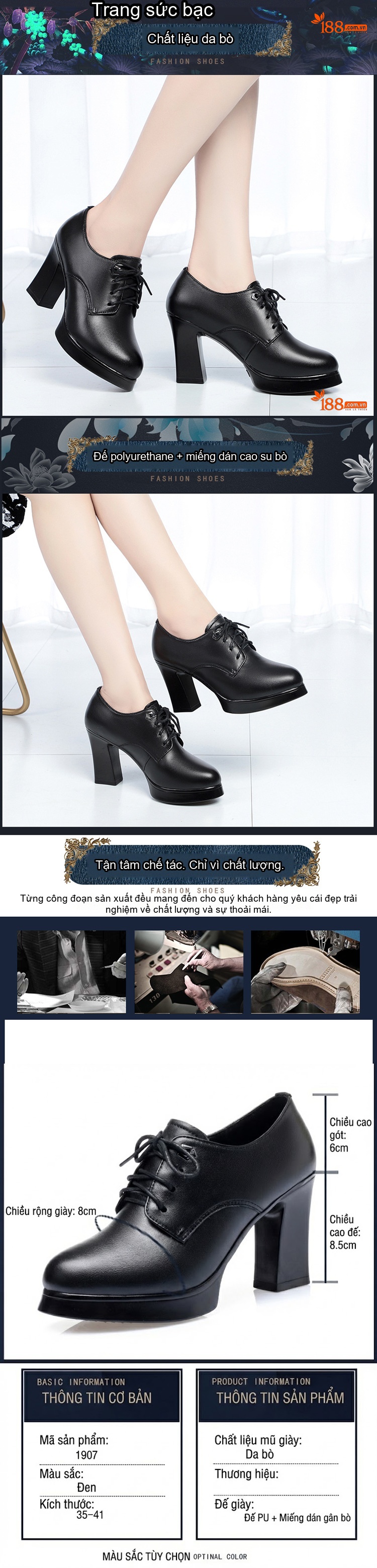 Giày Cao Gót Nữ Da Bò Buộc Dây Chiều Cao Đế Khoảng 7cm Màu Đen chi tiết 1