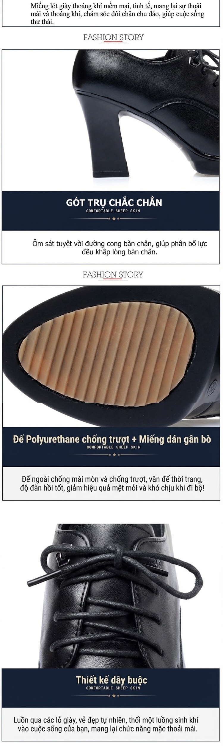 Giày Cao Gót Nữ Da Bò Buộc Dây Chiều Cao Đế Khoảng 7cm Màu Đen chi tiết 4