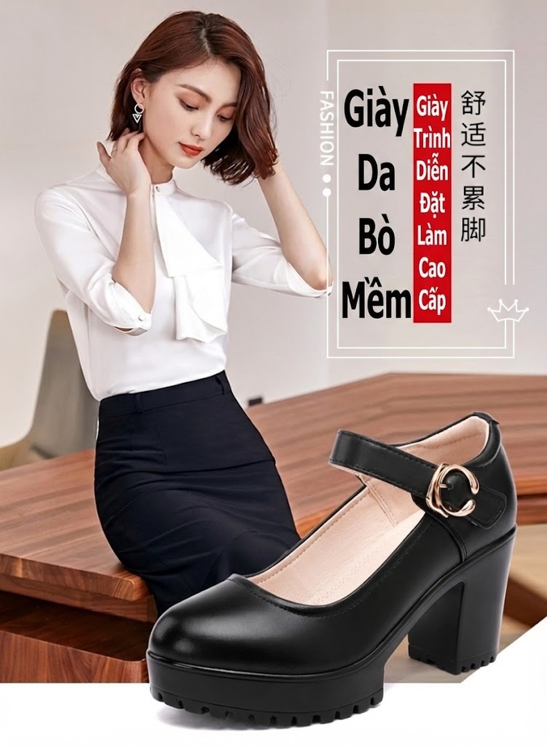 Giày Cao Gót Nữ Da Bò Chiều Cao Đế Khoảng 8cm Quai Ngang Màu Đen, Đỏ, Bạc, Trắng... chi tiết 1