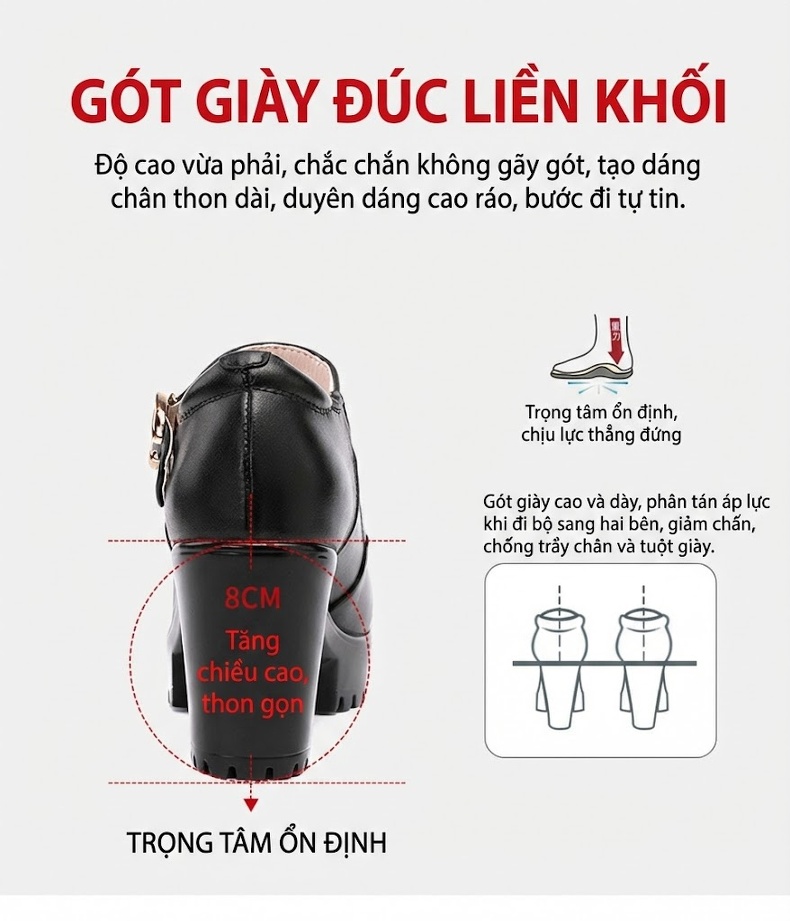 Giày Cao Gót Nữ Da Bò Chiều Cao Đế Khoảng 8cm Quai Ngang Màu Đen, Đỏ, Bạc, Trắng... chi tiết 9